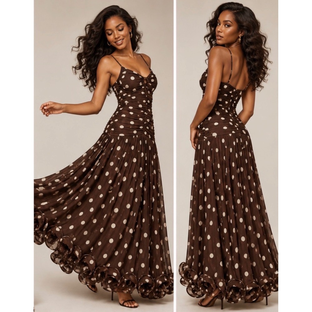Anthropologie En Saison Lainey Ruched Drop Waist Maxi Dress XS Polka Dot Brown